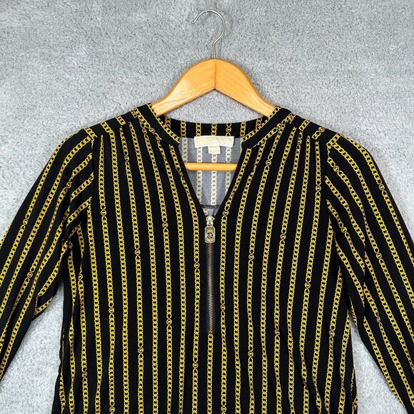 Michael Kors Women Half Zip Tunic Blouse Black/Yellow Chain Print Size S - Picture 3 of 13